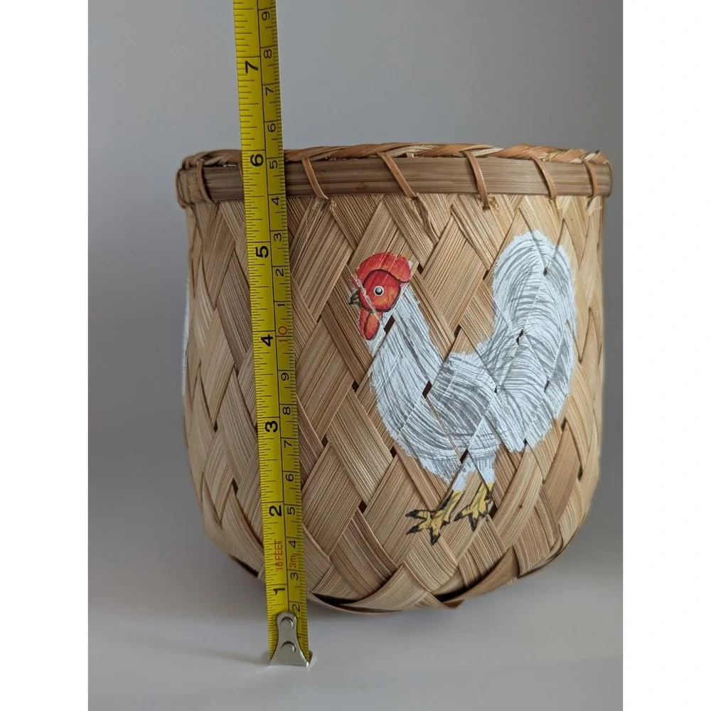Vintage Wicker Basket Hand Painted Chickens Country Farm Decor 6in